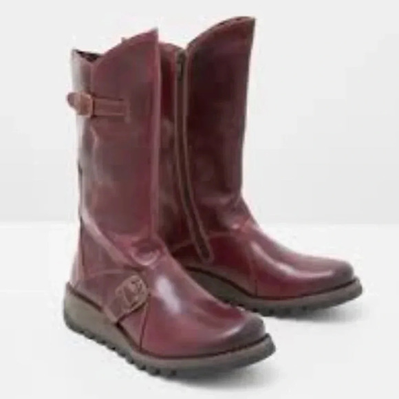 Fly London Shoes - Fly London Mes 2 Petrol Leather Low Wedge Calf Boots Purple 37